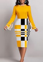 This Women Spring Elegant Long Sleeve Bell Bottom Sleeve Colorblock Plaid Dress Design Made Of High End Polyster And Spandex Material