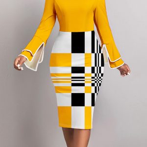 This Women Spring Elegant Long Sleeve Bell Bottom Sleeve Colorblock Plaid Dress Design Made Of High End Polyster And Spandex Material