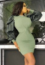 This Women Green O-Neck Puff Sleeve Mini Club Dresses design made of high quality polyster and spandex material