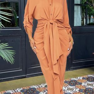 This Women Orange Turn-down Collar Full Sleeves Slit Midi Dresses design made of high quality polyster and spandex material. It come with good stretch and wearing comfortable. Women¡¯s midi dresses is omnipotent and suit for all kinds of occasions - daily wear