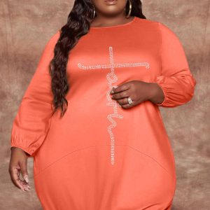 This Women Orange O-Neck Full Sleeves Letter Print Plus Size Dresses made of soft and elastic fabric. Global Lover wholesale plus size dresses and hope curvy ladies find here a warm and exciting place to shop affordable curvy dresses online - plus size casual