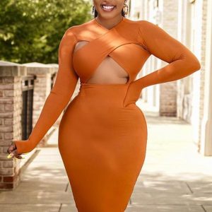 This Women Orange O-Neck Full Sleeves Midi Club Dresses design made of high quality polyster and spandex material