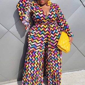 This Women Printed V-neck Full Sleeves Loose Plus Size Jumpsuit design made of high quality polyster and spandex material. It is stretchy