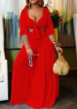 This Women Red Casual V-neck Half Sleeves High Waist Solid Cascading Ruffle Loose Plus Size Two Piece design and made of comfortable and elastic fabric. wholesale plus size two piece sets is a must-have item for curvy ladies. Two piece sets can either be worn together or individually