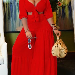 This Women Red Casual V-neck Half Sleeves High Waist Solid Cascading Ruffle Loose Plus Size Two Piece design and made of comfortable and elastic fabric. wholesale plus size two piece sets is a must-have item for curvy ladies. Two piece sets can either be worn together or individually