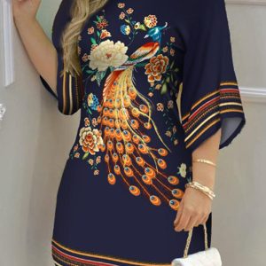 Cette robe à demi-manches imprimée pour femmes, printemps-été, est fabriquée en polyester et en élasthanne de haute qualité. Elle est extensible