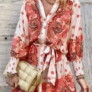 This Women Spring Summer Lace Long Sleeve Printed v-Neck Belt Shirt Dress Design Made Of High Quality Polyster And Spandex Material. It Is Stretchy