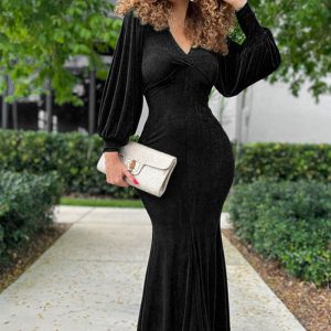 This Women Spring v Neck Long Sleeve Dress Design Made Of High Quality Polyster And Spandex Material