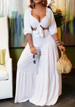 This Women White Casual V-neck Sleeveless High Waist Solid Cascading Ruffle Loose Plus Size Two Piece design and made of comfortable and elastic fabric. wholesale plus size two piece sets is a must-have item for curvy ladies. Two piece sets can either be worn together or individually