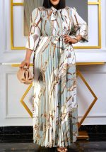 This Women White Vintage Bow Full Sleeves Chain Print Belted Maxi Pleated Plus Size Dresses made of soft and elastic fabric. Global Lover wholesale plus size dresses and hope curvy ladies find here a warm and exciting place to shop affordable curvy dresses online - plus size casual