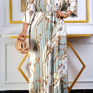 This Women White Vintage Bow Full Sleeves Chain Print Belted Maxi Pleated Plus Size Dresses made of soft and elastic fabric. Global Lover wholesale plus size dresses and hope curvy ladies find here a warm and exciting place to shop affordable curvy dresses online - plus size casual