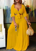 This Women Yellow Casual V-neck Half Sleeves High Waist Solid Cascading Ruffle Loose Plus Size Two Piece design and made of comfortable and elastic fabric. wholesale plus size two piece sets is a must-have item for curvy ladies. Two piece sets can either be worn together or individually