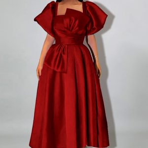 This Women Square Neck Balloon Sleeve Bow Dress Design Made Of Good Quality Polyster And Spandex Material