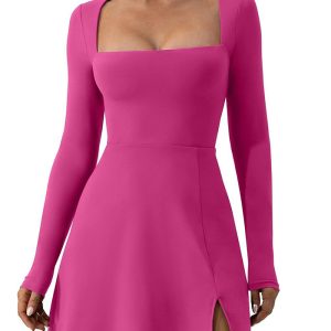 This Women Square Neck Long Sleeve Slit Bell Bottom Mini Dress Design Made Of High Quality Polyster And Spandex Material. It Is Stretchy