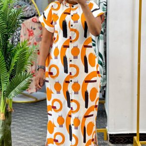 This Women Stand Collar Printed Chic Button Slit Maxi Dress Design Made Of High Quality Polyster And Spandex Material