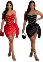 This Women Strapless Irregular Solid Beaded Bodycon Dress Design Made Of High Quality Polyster And Spandex Material