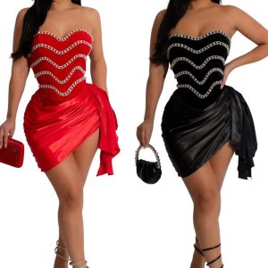 This Women Strapless Irregular Solid Beaded Bodycon Dress Design Made Of High Quality Polyster And Spandex Material