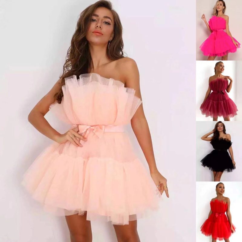 This Women Strapless Mesh Bow Tutu Dress Design Made Of Good Quality Polyster And Spandex Material