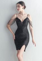 This Women Straps Beaded Sequined Strap Sexy Evening Dress Design Made Of Good Quality Polyster And Spandex Material