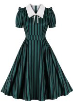 This Women Striped Peter Pan Collar Lace-Up Puff Short Sleeve Vintage Dress Made Of Soft And Elastic Fabric. Global Lover Wholesale Plus Size Dresses And Hope Curvy Ladies Find Here a Warm And Exciting Place To Shop Affordable Curvy Dresses Online - Plus Size Casual