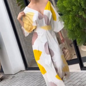 This Women Style Print Elegant v-Neck Maxi Dress Design Made Of High Quality Polyster And Spandex Material