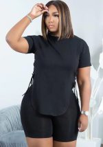 This Women Black Casual O-Neck Short Sleeves High Waist Solid Lace Up Regular Plus Size Two Piece design and made of comfortable and elastic fabric. wholesale plus size two piece sets is a must-have item for curvy ladies. Two piece sets can either be worn together or individually