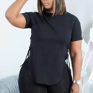 This Women Black Casual O-Neck Short Sleeves High Waist Solid Lace Up Regular Plus Size Two Piece design and made of comfortable and elastic fabric. wholesale plus size two piece sets is a must-have item for curvy ladies. Two piece sets can either be worn together or individually