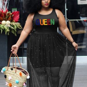 This Women Black Casual O-Neck Sleeveless Letter Print Mesh Beading Maxi Plus Size Dresses made of soft and elastic fabric. Global Lover wholesale plus size dresses and hope curvy ladies find here a warm and exciting place to shop affordable curvy dresses online - plus size casual