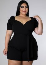 This Women Black Square Collar Short Sleeves Regular Plus Size Jumpsuit design made of high quality polyster and spandex material. It is stretchy