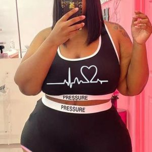 Esta Mujer Negro Casual U-cuello Chaleco sin mangas de impresión Plus Size Dos piezas de diseño y hecha de tela cómoda y elástica. venta al por mayor más tamaño de dos piezas es un elemento imprescindible para las señoras con curvas. Dos conjuntos de piezas se pueden usar juntos o individualmente