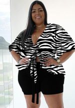 This Women Black Casual V-neck Half Sleeves High Waist Striped Print Bow Regular Plus Size Two Piece design and made of comfortable and elastic fabric. wholesale plus size two piece sets is a must-have item for curvy ladies. Two piece sets can either be worn together or individually