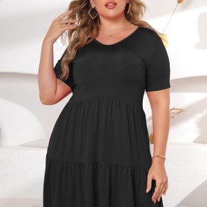 This Women Black Casual V-neck Short Sleeves Solid Mini Loose Plus Size Dresses made of soft and elastic fabric. Global Lover wholesale plus size dresses and hope curvy ladies find here a warm and exciting place to shop affordable curvy dresses online - plus size casual