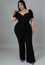 This Women Black Sweetheart Neck Short Sleeves Regular Plus Size Jumpsuit design made of high quality polyster and spandex material. It is stretchy