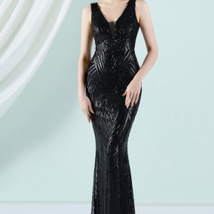 This Women Black V-neck Sleeveless Patchwork Sequined Mermaid Evening Dresses design made of good quality polyster and spandex material