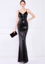 This Women Black Strap Sleeveless Solid Sequined Mermaid Dresses