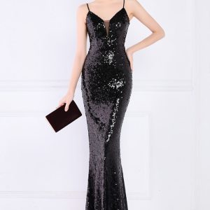 This Women Black Strap Sleeveless Solid Sequined Mermaid Dresses