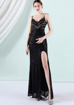 This Women Black Strap Sleeveless Metallic Sequined Evening Dresses design made of good quality polyster and spandex material