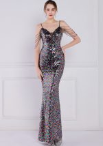 This Women Black Strap Sleeveless Sequined Mermaid Dresses