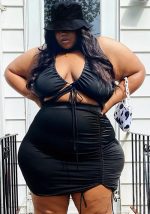 This Women Black Sexy Halter Sleeveless High Waist Solid Lace Up Skinny Plus Size Two Piece design and made of comfortable and elastic fabric. wholesale plus size two piece sets is a must-have item for curvy ladies. Two piece sets can either be worn together or individually