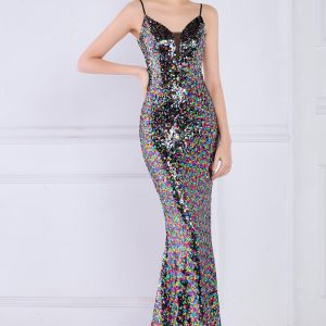 This Women Black Strap Sleeveless Sequined Mermaid Dresses