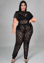 This Women Black Sexy Turtleneck Short Sleeves High Waist Solid Lace Hollow Out Skinny Plus Size Two Piece design and made of comfortable and elastic fabric. wholesale plus size two piece sets is a must-have item for curvy ladies. Two piece sets can either be worn together or individually