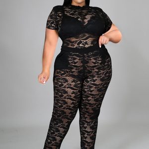 This Women Black Sexy Turtleneck Short Sleeves High Waist Solid Lace Hollow Out Skinny Plus Size Two Piece design and made of comfortable and elastic fabric. wholesale plus size two piece sets is a must-have item for curvy ladies. Two piece sets can either be worn together or individually