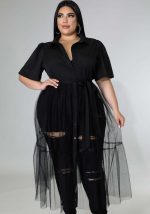 This Women Black Turn-down Collar Streetwear Turn-down Collar Half Sleeves Patchwork Belted X-Long Plus Size Tops made of comfortable and elastic fabric. It is wholesale sexy plus size tops for women. With the gradual rise of feminist awareness