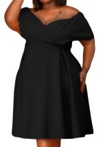 This Women Black Sweet Off-the-shoulder Short Sleeves Solid Belted Midi A-line Plus Size Dresses made of soft and elastic fabric. Global Lover wholesale plus size dresses and hope curvy ladies find here a warm and exciting place to shop affordable curvy dresses online - plus size casual