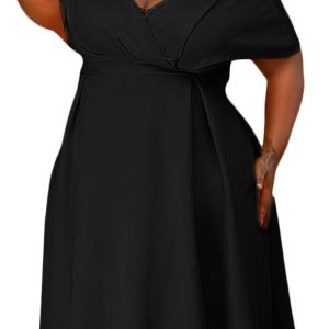 This Women Black Sweet Off-the-shoulder Short Sleeves Solid Belted Midi A-line Plus Size Dresses made of soft and elastic fabric. Global Lover wholesale plus size dresses and hope curvy ladies find here a warm and exciting place to shop affordable curvy dresses online - plus size casual