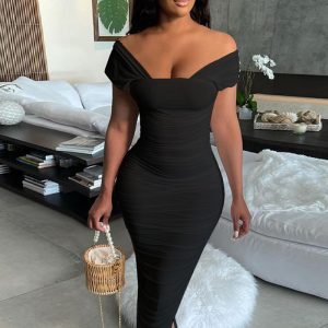 This Women Black Off-the-shoulder Short Sleeves Ruched Slit Pencil Midi Dresses design made of high quality polyster and spandex material. It come with good stretch and wearing comfortable. Women¡¯s midi dresses is omnipotent and suit for all kinds of occasions - daily wear