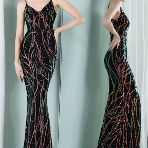 This Women Black Strap Sleeveless Striped Print Sequined Evening Dresses design made of good quality polyster and spandex material