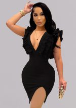 This Women Black V-neck Sleeveless Cascading Ruffle Sheath Midi Dresses design made of high quality polyster and spandex material. It come with good stretch and wearing comfortable. Women¡¯s midi dresses is omnipotent and suit for all kinds of occasions - daily wear