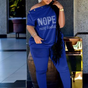 This Women Blue Casual Slash Neck Short Sleeves Letter Print Button Top Plus Size Two Piece design and made of comfortable and elastic fabric. wholesale plus size two piece sets is a must-have item for curvy ladies. Two piece sets can either be worn together or individually