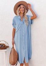 This Women Blue Turn-down Collar Short Sleeves Pockets Loose Casual Dresses design made of high quality polyster and spandex material. It is stretchy